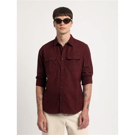 Buy THE BEAR HOUSE Men Maroon Solid Slim Fit Cotton Casual Shirt Online