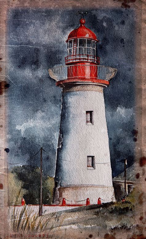 Architectural seascape lighthouse small original watercolor artwork in ...