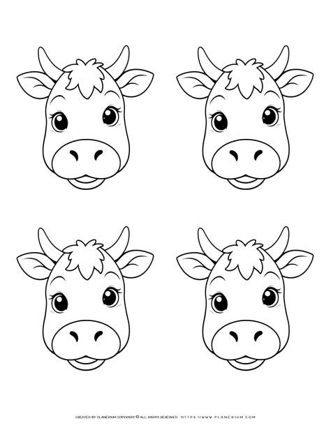 Template for coloring four baby cow faces outlines, perfect for ...