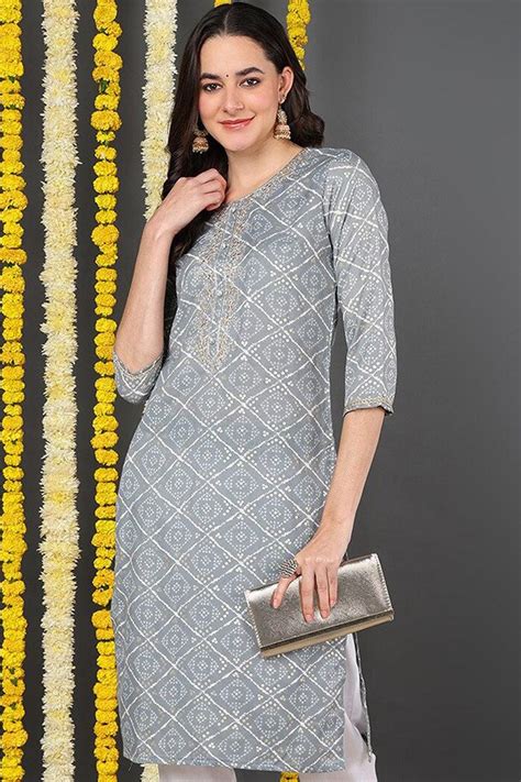 Buy Grey Cotton Blend Bandhani Printed Straight Kurta | Vaamsi