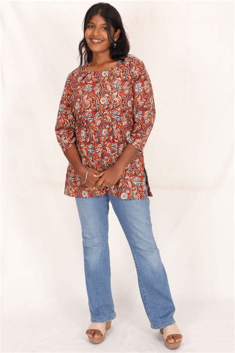 Pastel Rust Maroon Hand Block Printed Kurti 10071538 – Avishya.com