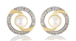 SKN Silver and Golden American Diamond Pearl Stud Earrings for Women ...