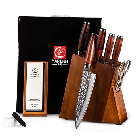 Buy Damascus Kitchen Knife Set with Block Wooden and Sharpener Stone ...
