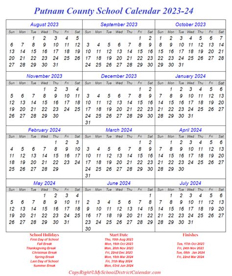 Putnam County School Calendar 2023-2024 With Holidays