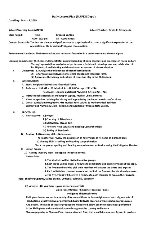 3rd lesson plan Philippine theatrical forms - Daily Lesson Plan (MAPEH Dept.) Date/Day: March 4 ...