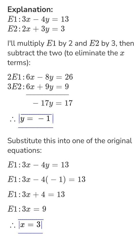 Solve using elimination method 3x+4y=13 2x-3y=3 - Brainly.in