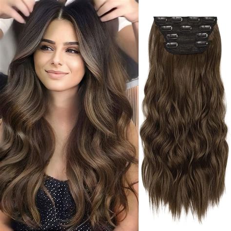 Amazon.com : Chestnut Brown Hair Extensions, 4Pcs Synthetic Clip in ...