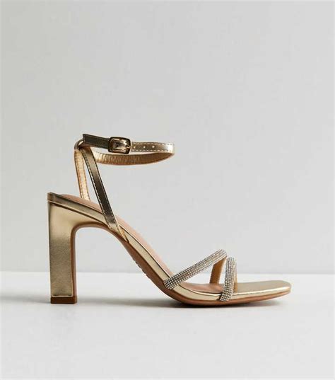 Gold Diamanté Embellished Strappy Block Heel Sandals | New Look