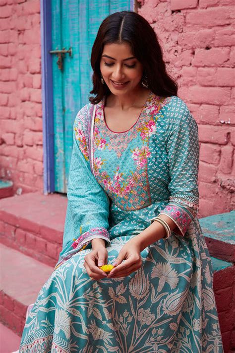 Green Cotton Anarkali Suit Set at Biba India