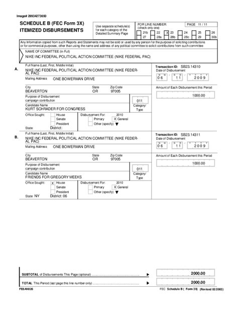 Fillable Online ITEMIZED DISBURSEMENTS SCHEDULE B (FEC Form 3X) Fax ...