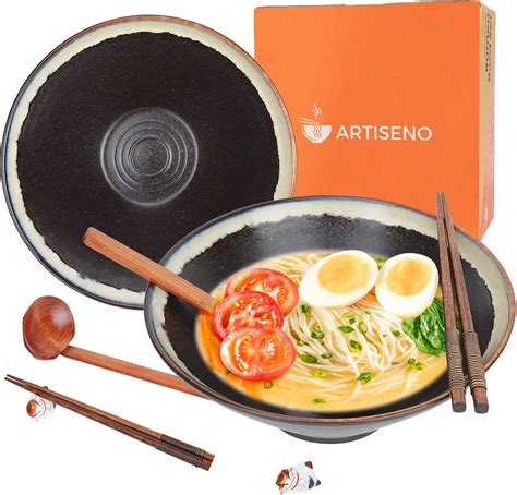 Amazon.com: ARTISENO Ceramic Ramen Bowl Set- 2 Sets of 60oz Japanese ...