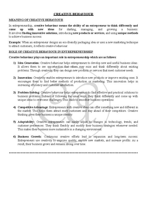 Creative Behaviour in Entrepreneurship: Meaning & Role - Studocu