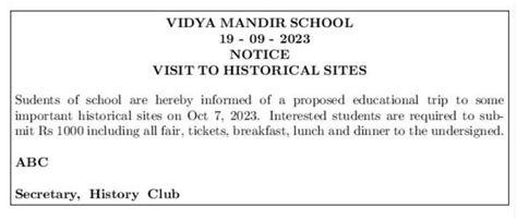 You are Secretary of the History Club of Vidya Mandir School. Draft a ...