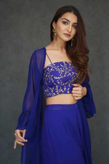 Buy Blue Georgette Embroidery Open , Square Ruffled Jacket Pant Set For ...