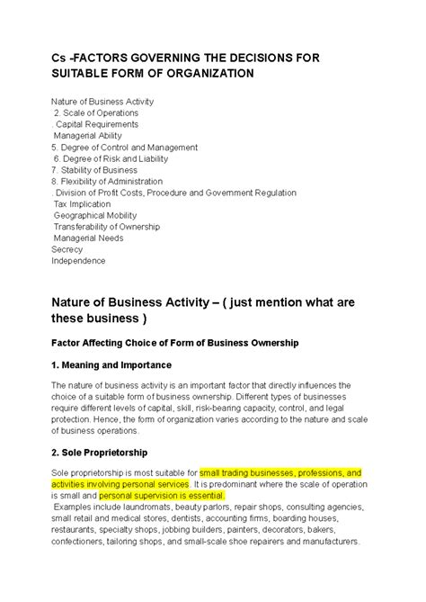 Cs - Factors Influencing the Choice of Business Organization Form - Studocu