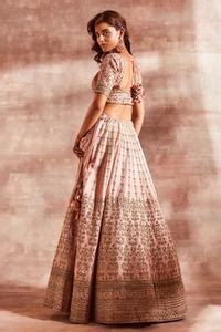 Buy Beige Leaf Neck Silk Embroidered Bridal Lehenga Set For Women by ...