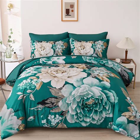 Amazon.com: Dintszyayue Floral Comforter Set Queen Size 7 Pieces Teal ...