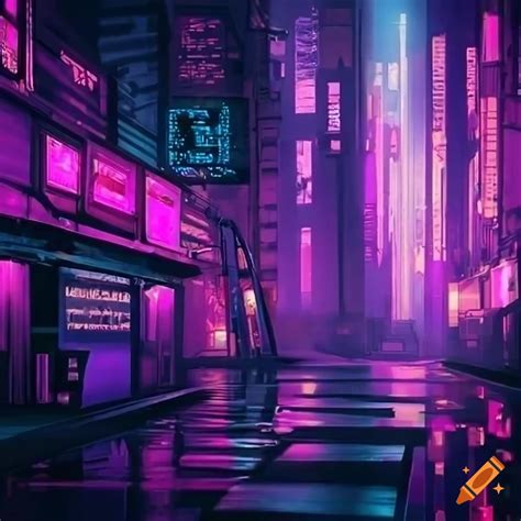 Cyberpunk city at night with purple lights
