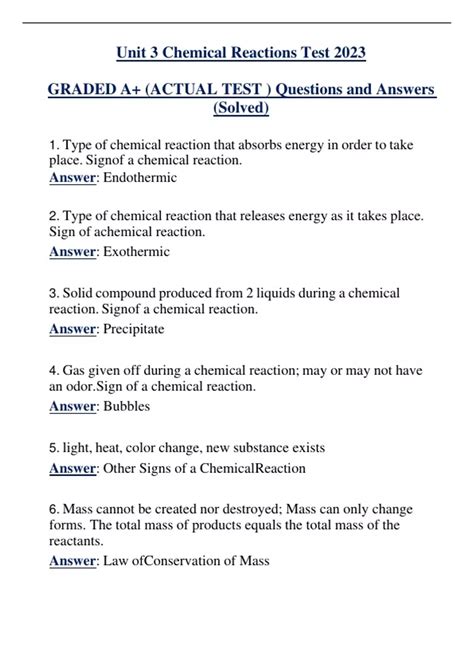 Unit 3 Chemical Reactions Test 2023 GRADED A+ (ACTUAL TEST ) Questions ...