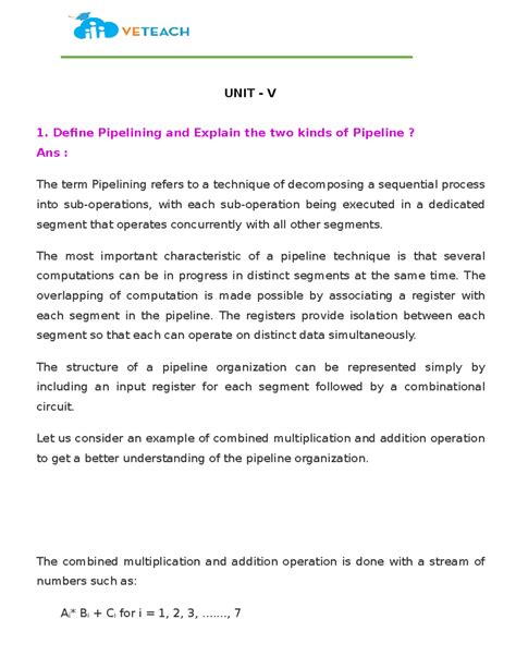 COA-UNIT-V - NOTES on COA - UNIT - V Define Pipelining and Explain the ...