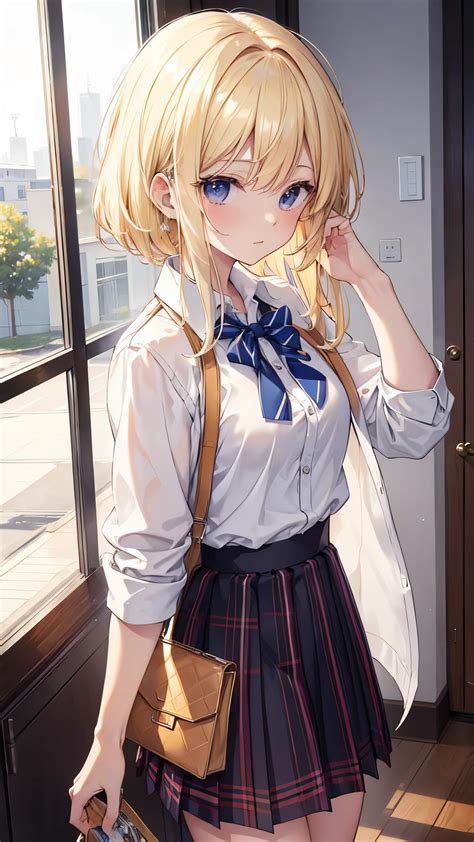Anime girl with blonde hair and blue eyes in a school uniform - SeaArt AI