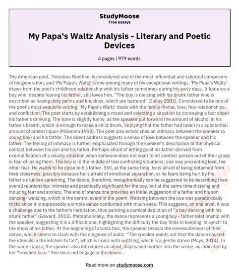 My Papa's Waltz Analysis - Literary and Poetic Devices Free Essay Example