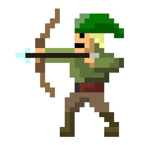 Archer steht mit seinem Bogen. Pixel-Art-Charakter. Vektordarstellung ...