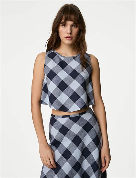 Buy Linen Rich Checked Crop Top at Marks & Spencer