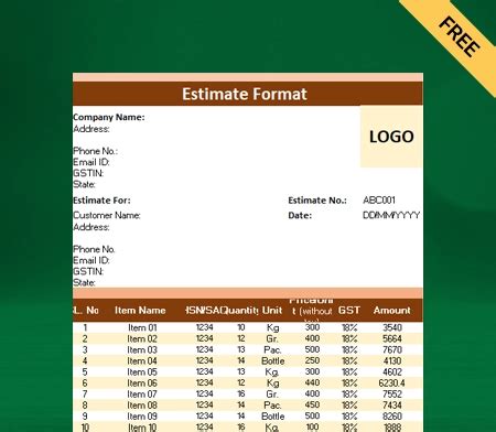 Estimate Format in Excel Free Download