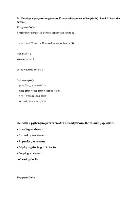 Python Programs for Fibonacci Sequence & List Operations (2a, 2b) - Studocu