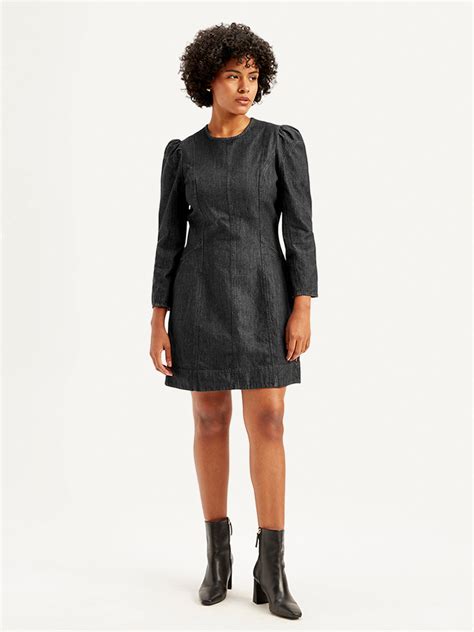 Women's Solid Black Round Neck Denim Dress – Levis India Store