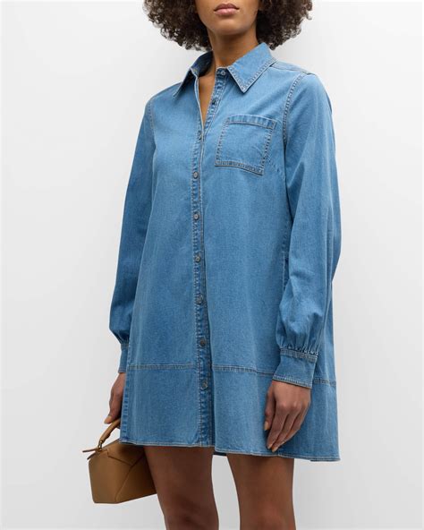 Cinq a Sept Adette Long-Sleeve Mini Denim Shift Dress | Neiman Marcus