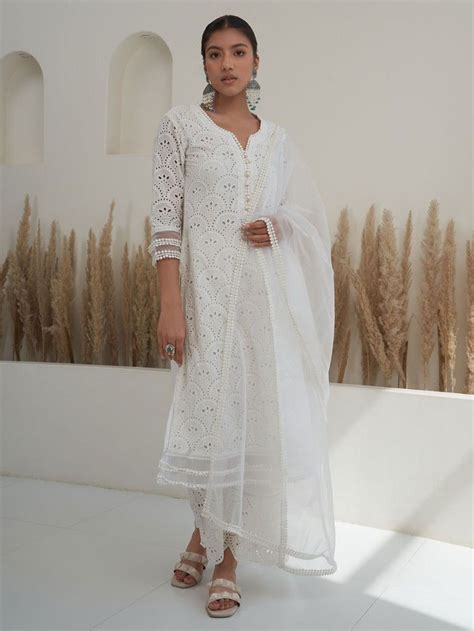 Buy White Embroidered Cotton Kurta with Palazzo- Set of 2 ...