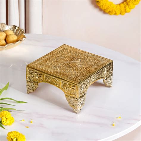 Gold Puja Chowki Small 16x16cm Online - Premium Devotion | Nestasia