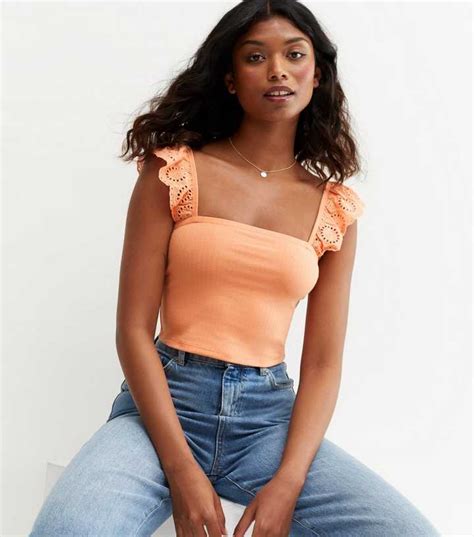 Orange Ribbed Broderie Ruffle Cami | New Look