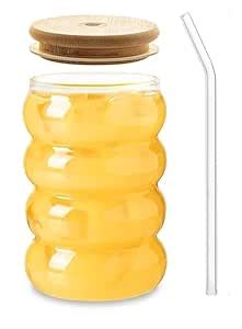 Buy Glazora hub Wavy Glass Cup with Bamboo Lid & Glass Straw 400 Ml Set ...