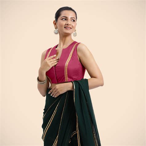 Veena Sleeveless Silk Saree Blouse - Rani Pink with Gota Patti Lace – Binks