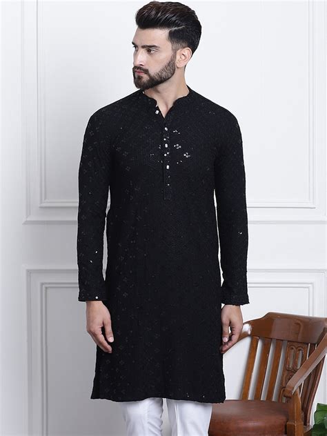 Men's Pure Cotton Black Embroidered 4Booti Sequence Kurta – Sojanya