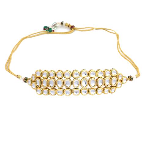 Indianshelf Brass Kundan Grid Choker Necklace with Faux Pearls