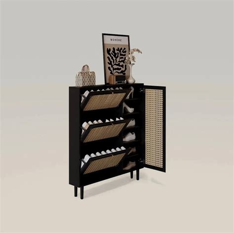 Mid-Century Modern Shoe Cabinet – Black Wooden Shoe Rack with Cane Det ...