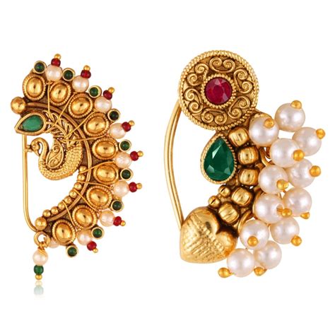 Buy Vighnaharta Golden Moti Pearls Nath Nathiya nose pin Gold Plated ...