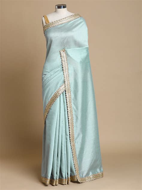 Shop Anwesha x Tyohaar | Blue Green Foil Chandheri Saree With Designer ...