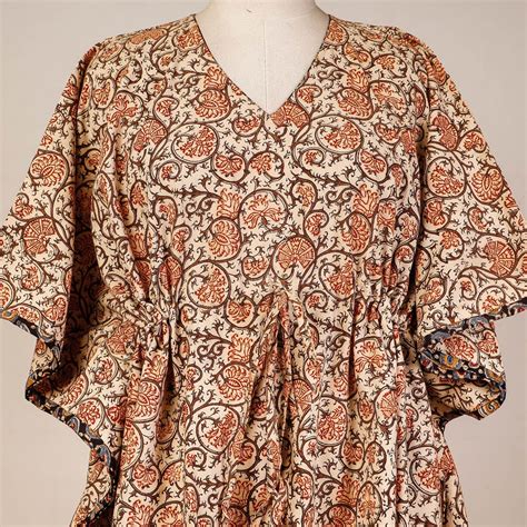 Beige Block Print Cotton Kalamkari Kaftan with Tie-Up Waist