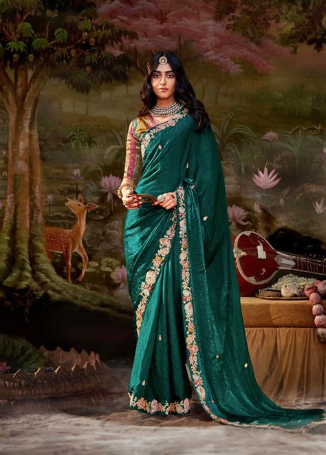 Dark Green Glass Tissue Organza Saree with Embroidery and Zarkan Work ...