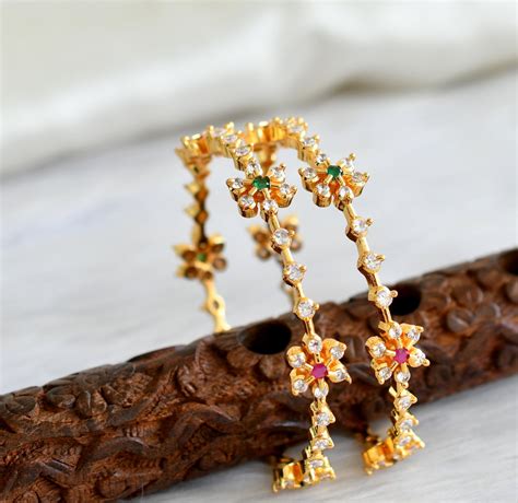 Gold tone cz ruby-green-white stone flower bangles(2.4) dj-43753 ...