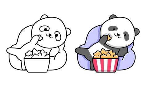Süßer Panda, der Popcorn zum Ausmalen für Kinder isst | Premium Vektor