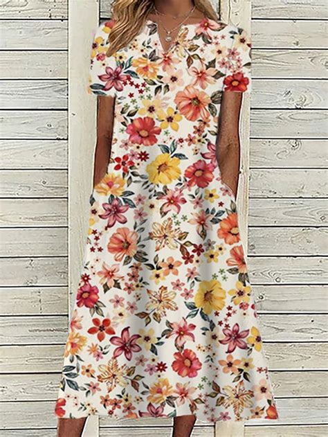 Women's Pink Dress Floral Graphic Print V Neck Midi Dress Classic Daily ...