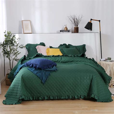 Butelkowa Zieleń Narzuta Pikowana z Falbanką 240 x 260 xXL Boho Pled ...