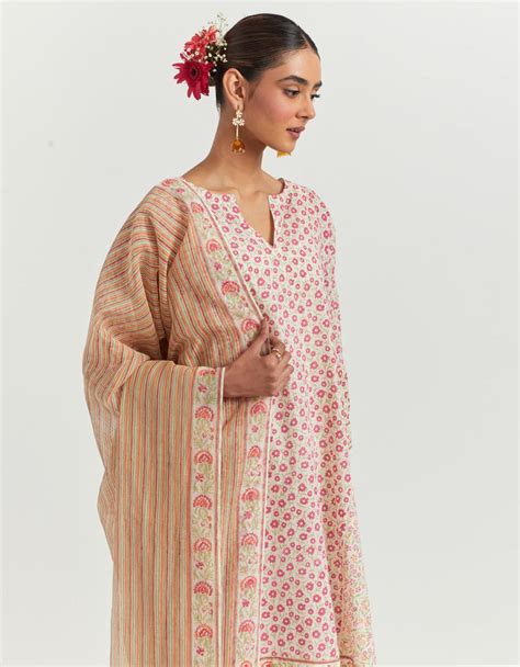 Multi colored hand block printed short kalidar cotton kurta set, detai ...