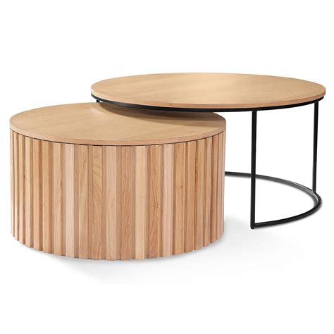 Ophelia2 Piece Wood & Steel Round Nesting Coffee Table Set, 90cm, Oak
